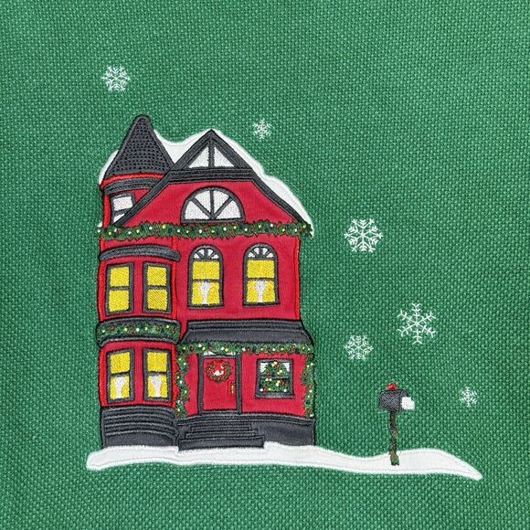 Vtg Waffle Knit Holiday Long Sleeve Women L Green Christmas Thermal Granny House - Picture 2 of 10